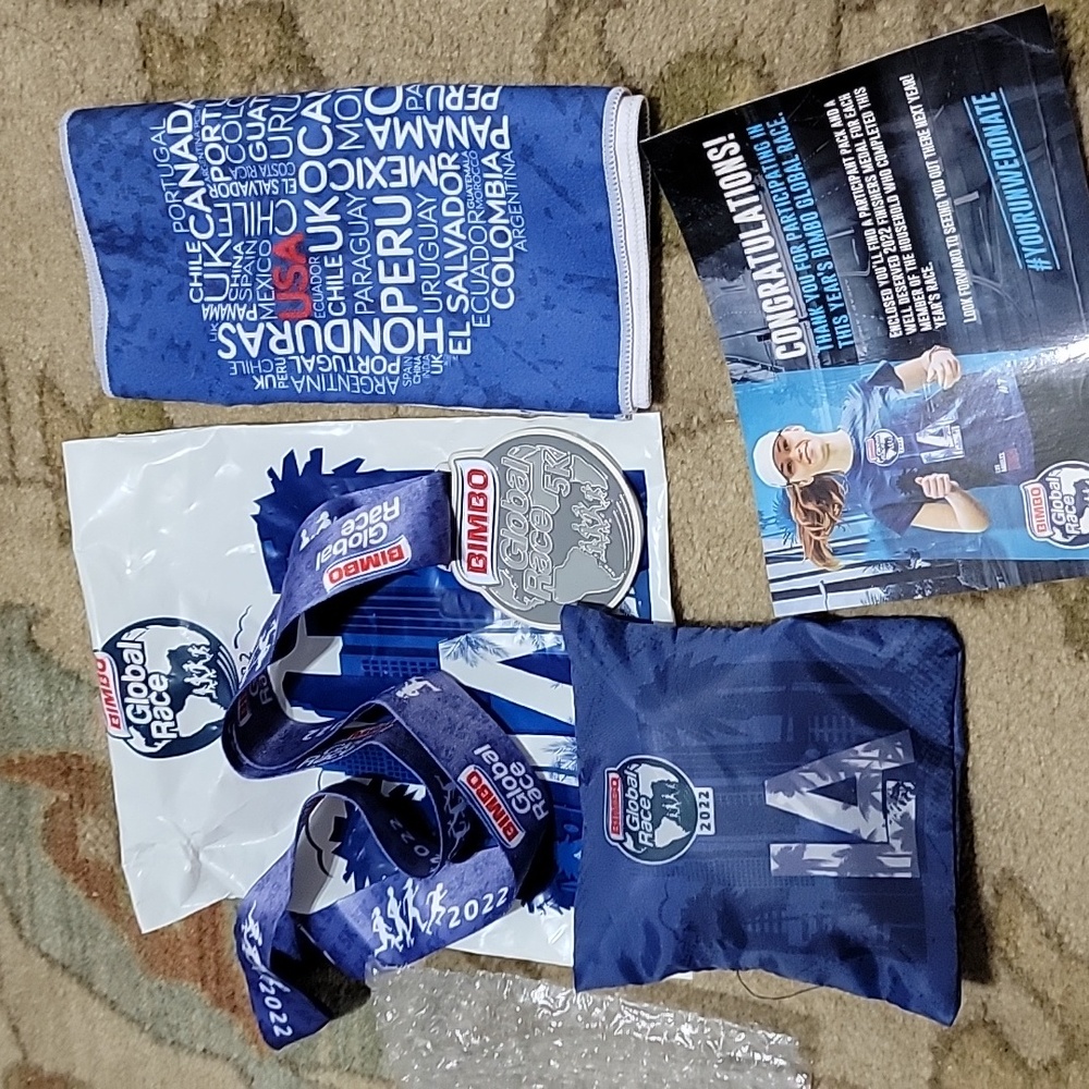 Pull BIMBO Global Race 2022 swag. Towel medal tote bag card. Collectable T